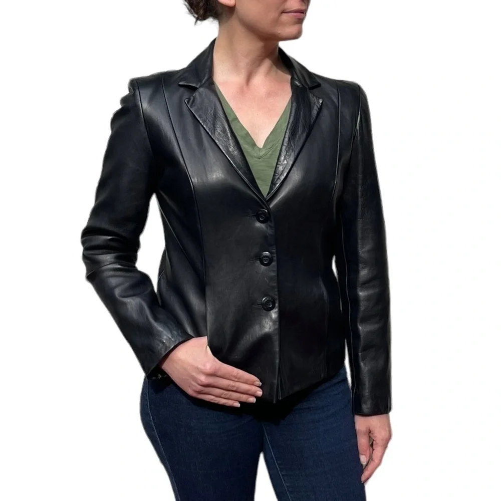 MICHAEL HOBAN NORTH BEACH BLACK LEATHER 90S 3 BUTTON NOTCH COLLAR BLAZER JACKET